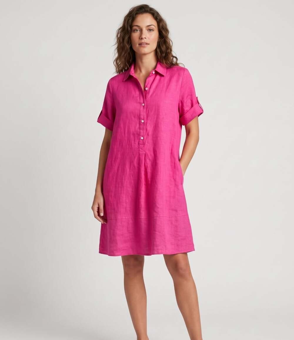 J McLaughlin Pink Linen Dress L Large Short Sleeve Button Down Shift Resortwear